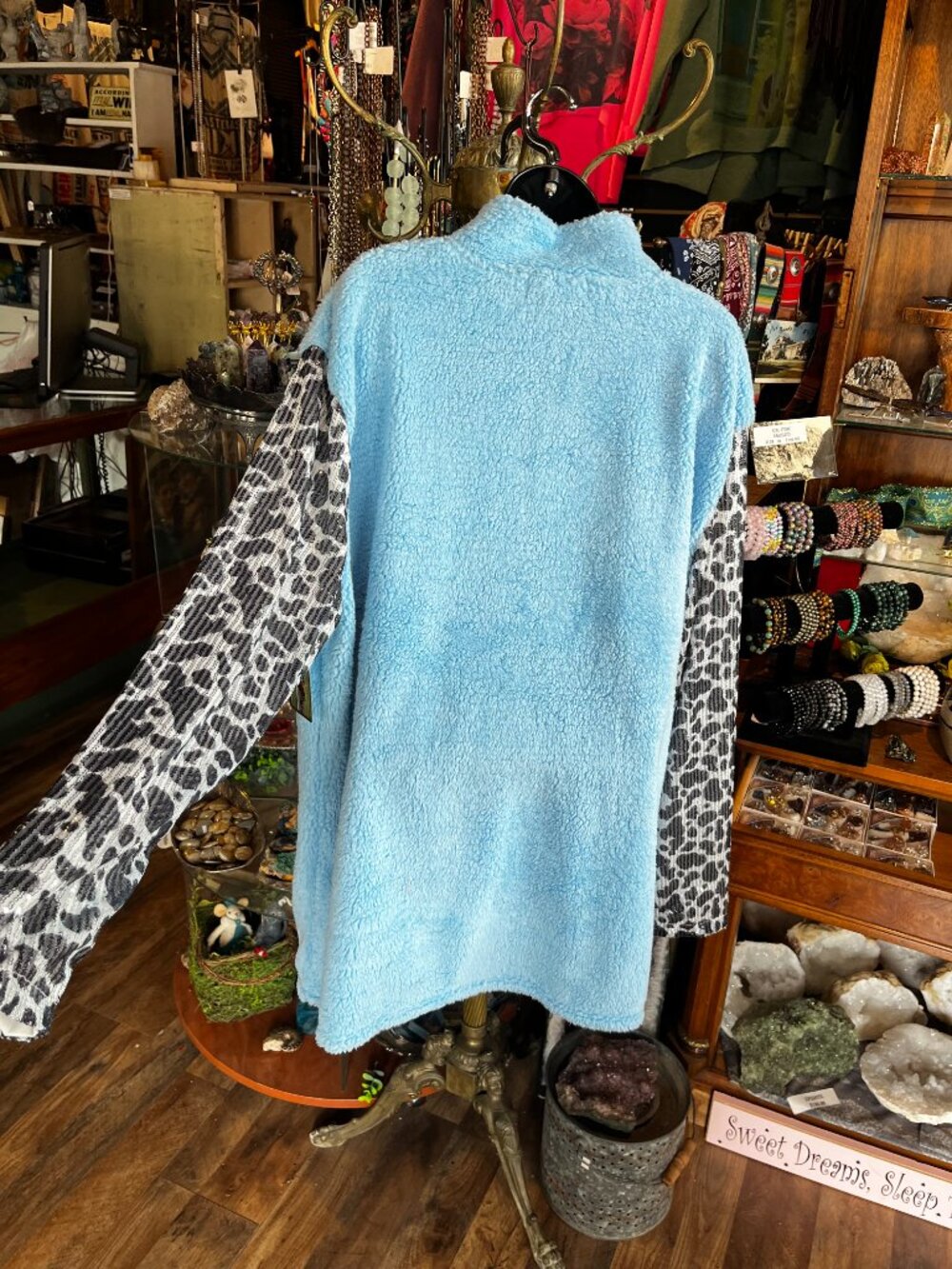 Lucky & Blessed Fuzzy Blue Silver Sparkle Leopard Print Front Zip Jacket - Picture 4 of 6
